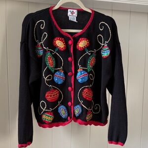 Charming Black Cardigan with Festive Ornaments